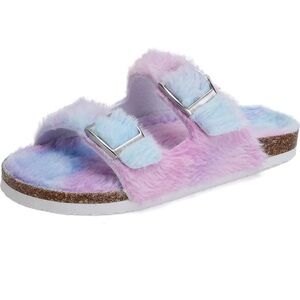 NEW! Fluffy Non-slip Cork Slippers Shoes Adjustable Open Toe Blue Purple Size 4